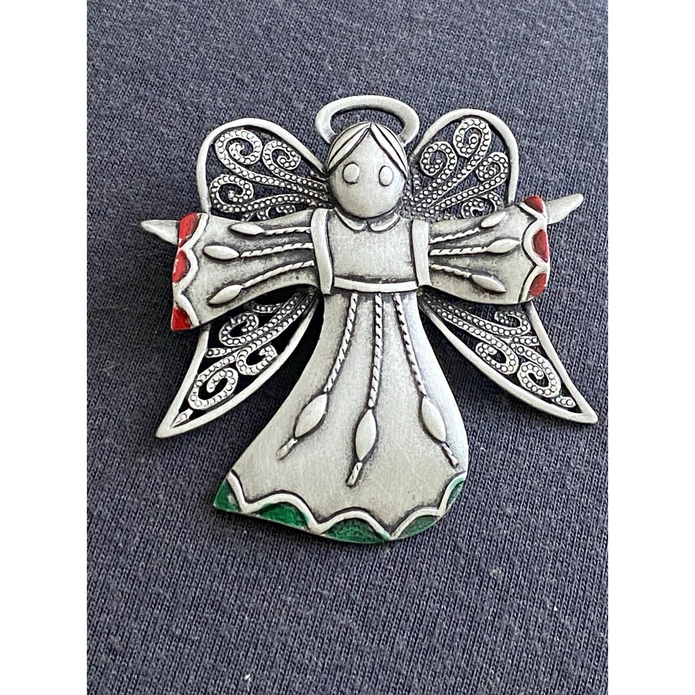 JJ Jonette Jewelry Silver Tone Figural Angel Brooch Pin, Signed  Guardian Angel
